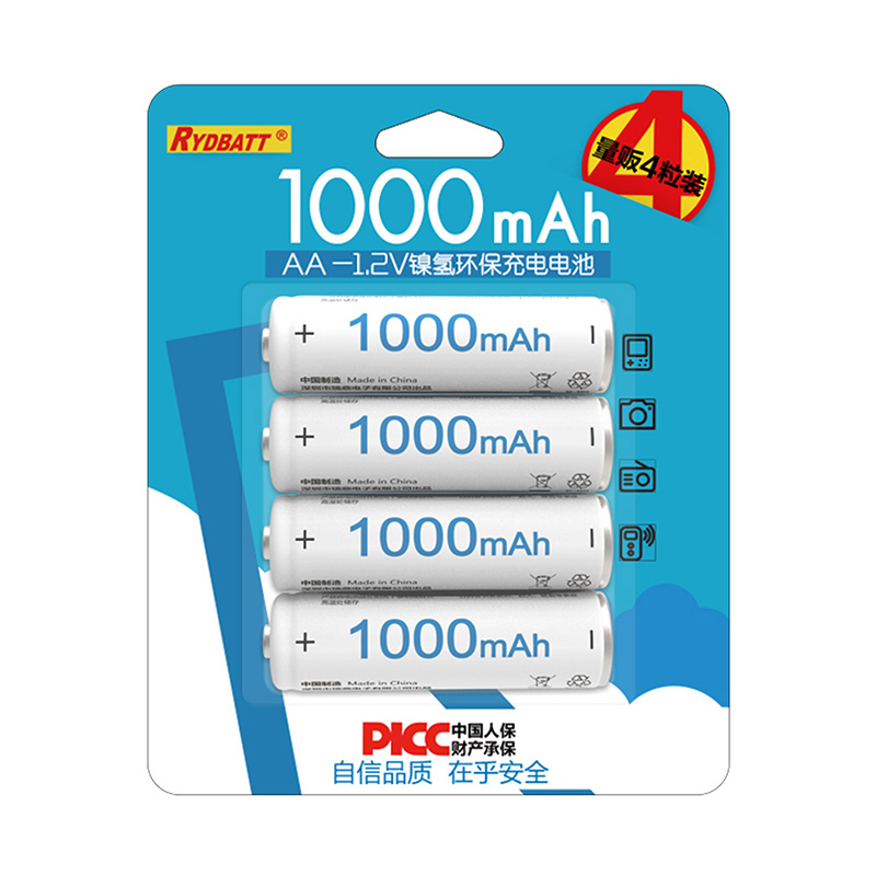 瑞鼎 RYDBATT NI-MH AA鎳氫1.2V充電電池1000mAh 4粒卡裝